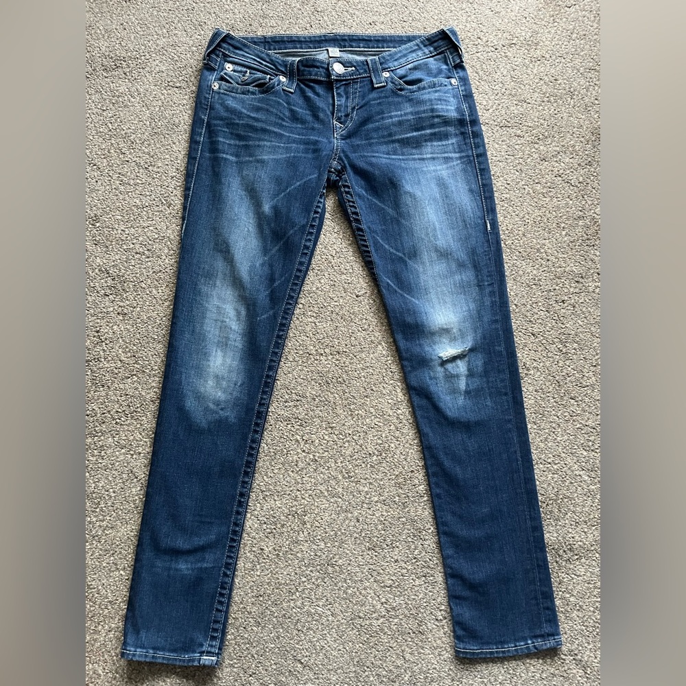 True Religion Rhinestone Low Rise Distressed Skinny Jeans (31)